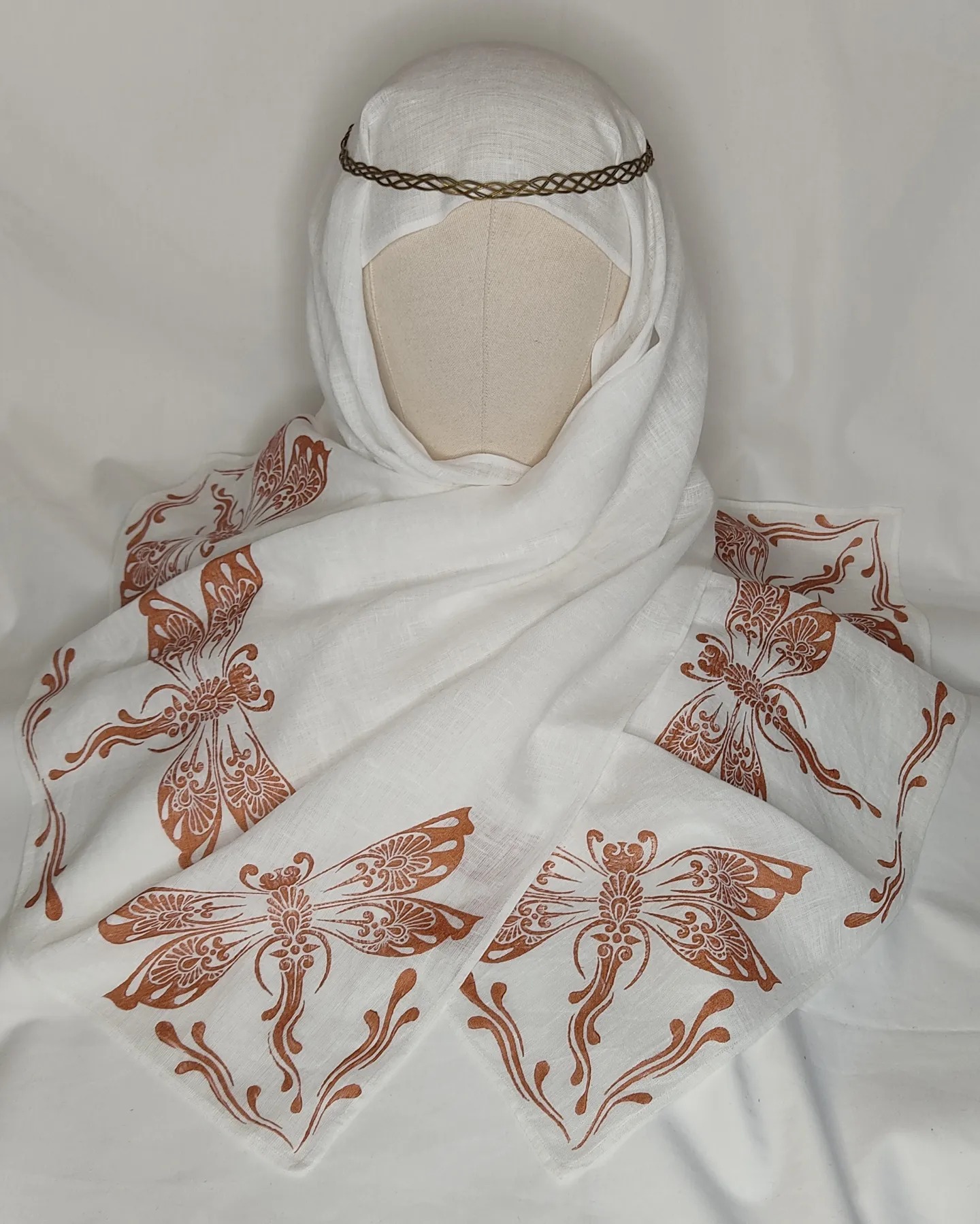 Scarf with dragonfly print - white/copper - light weight linen gauze ...