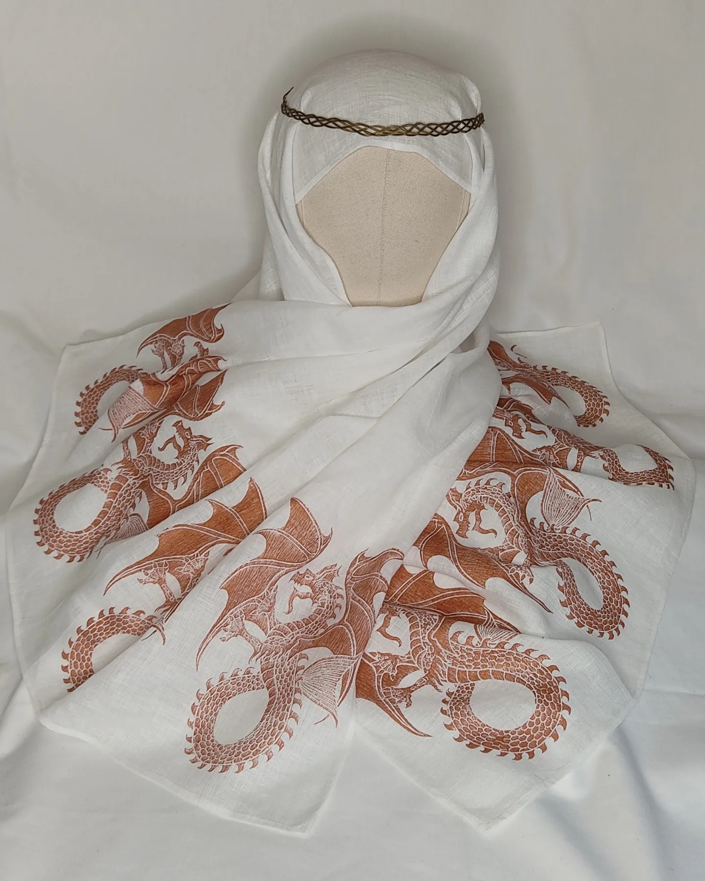 Scarf with sea dragon print - white/copper - light weight linen gauze ...